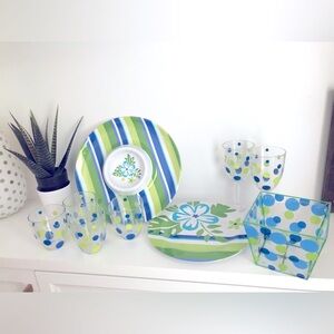 9 Piece Patio Pool Party Serving Set Lime Green Blue Polka Dot Plastic Acrylic